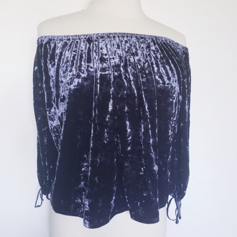 AEO Navy Blue Velvet Off the Shoulder Top - S|P - Picture 5 of 16